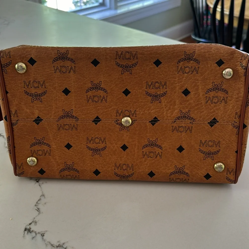 MCM Cognac Brown Visetos Monogram Satchel with Gold Hardware